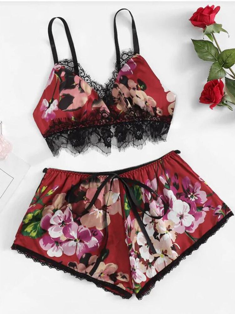 Blommigt Sexigt Tryck Satin Pyjamas Cami Set Nattkläder