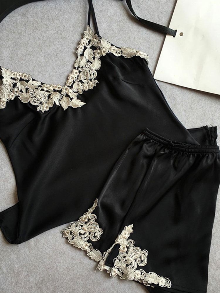 Broderi Spets Satin Pyjamas Camisole Short Sets Nattkläder