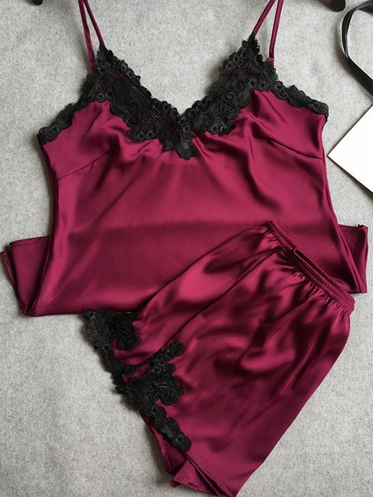 Broderi Spets Satin Pyjamas Camisole Short Sets Nattkläder