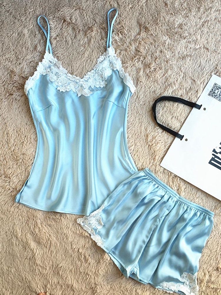 Broderi Spets Satin Pyjamas Camisole Short Sets Nattkläder