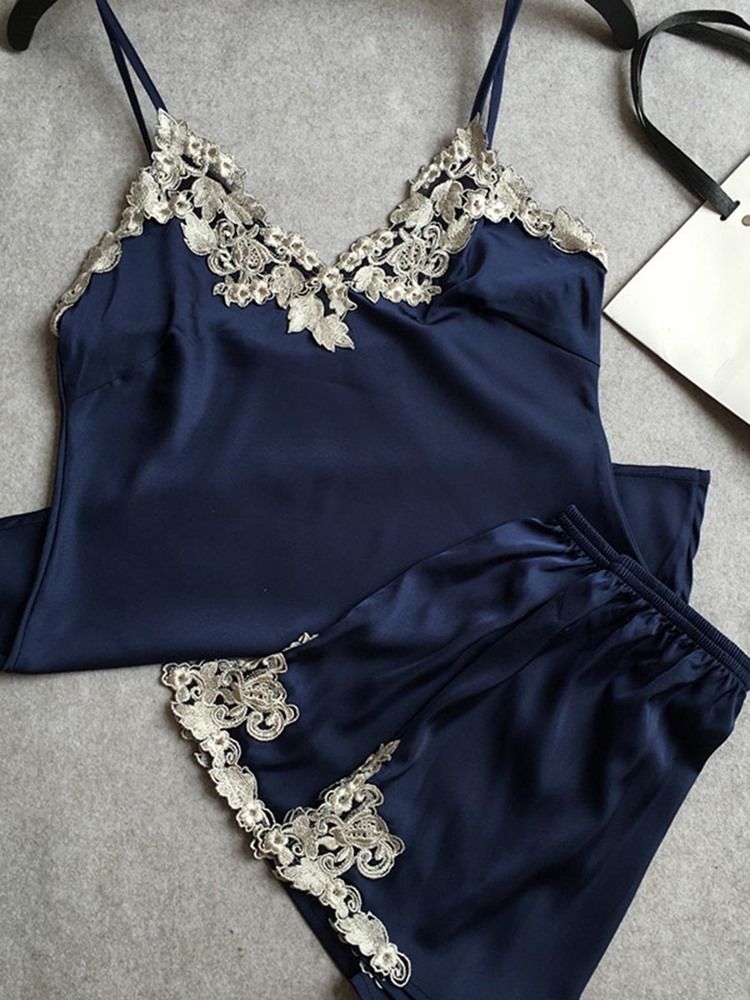 Broderi Spets Satin Pyjamas Camisole Short Sets Nattkläder