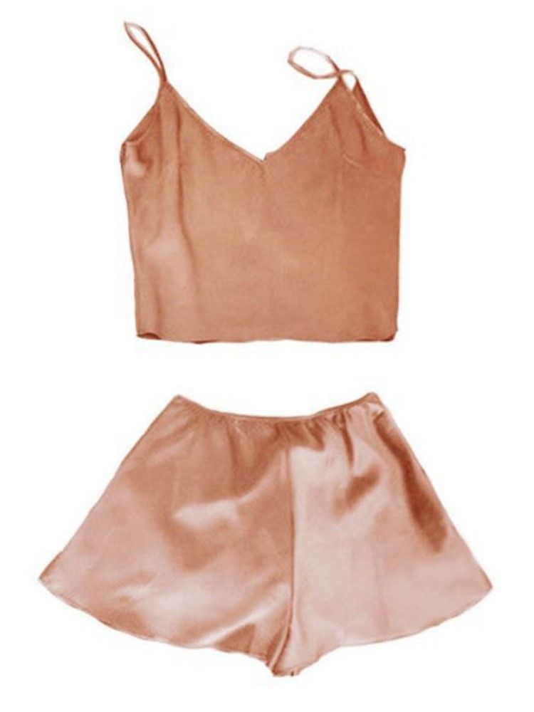 Charmeuse Sexig Plain Sleep Top V-Neck Satin Pyjamas Suit