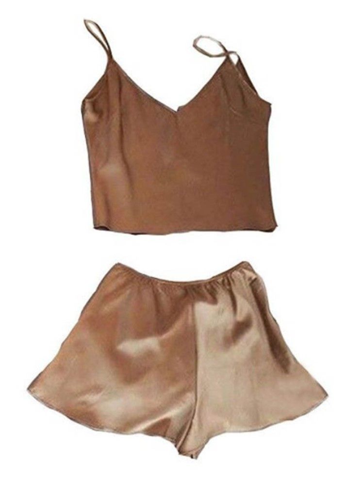 Charmeuse Sexig Plain Sleep Top V-Neck Satin Pyjamas Suit