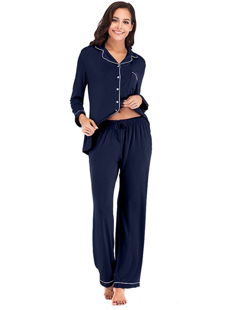 Color Block Pocket Långärmad Enkelknäppt Pyjamaskostym