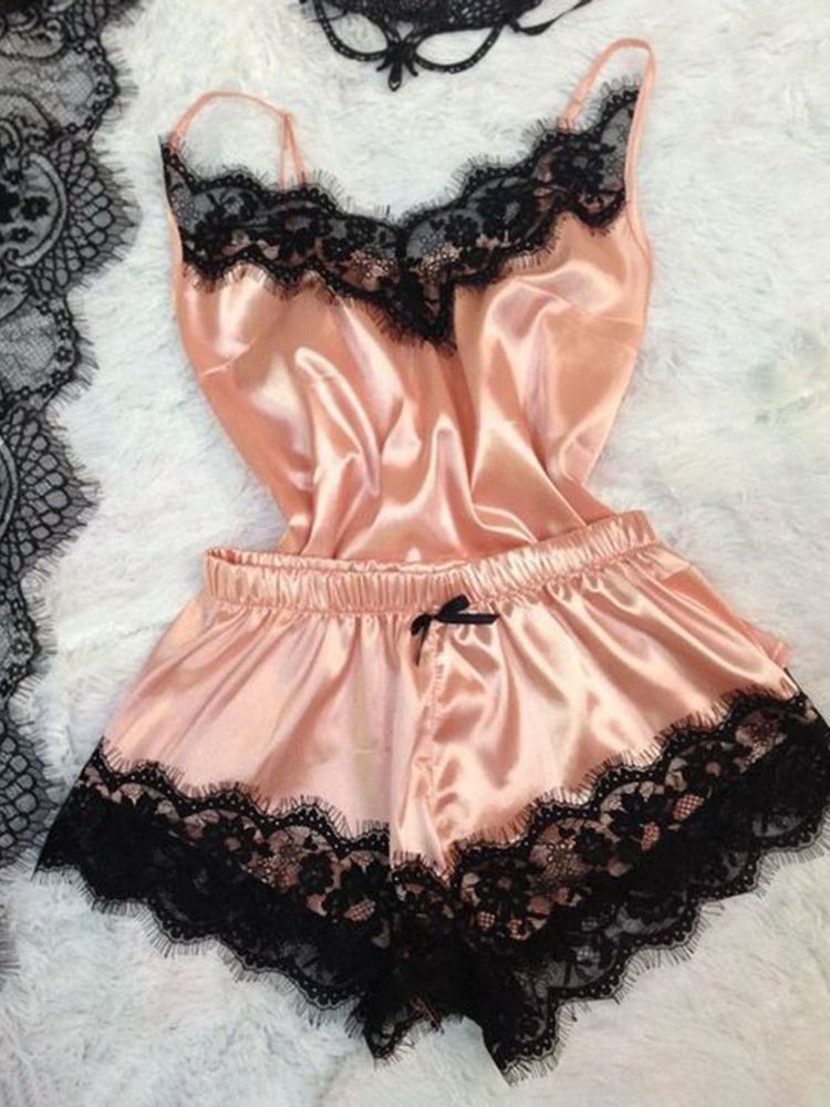 Damer Satin Sovkläder Cami Toppar Och Shorts Sexiga Set