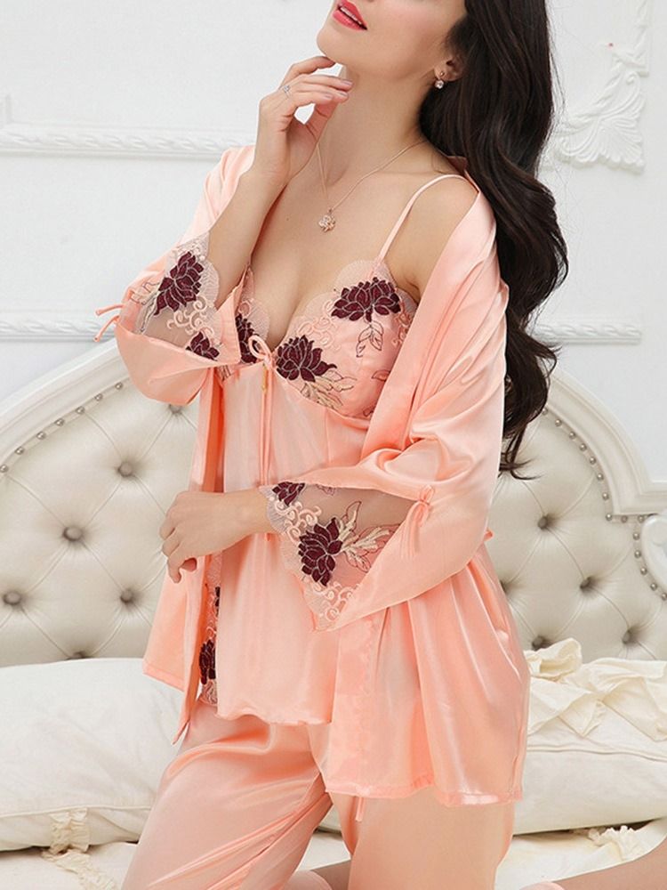 Kvinnors Broderi V-Ringad Pyjamas Set 3 Delar