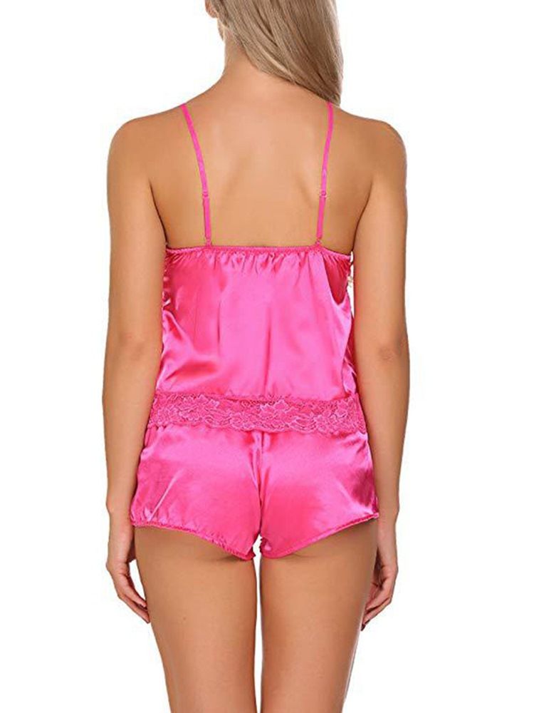 Plain Patchwork Backless Satin Pyjamas Camisole Short Sets