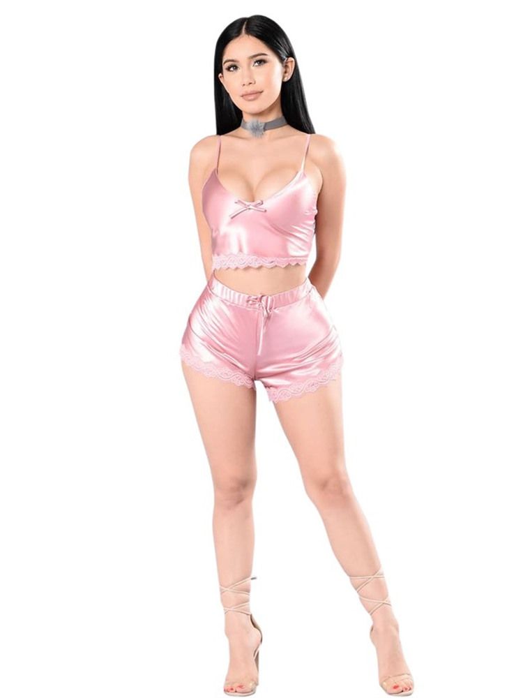 Sexiga Enfärgade Spetsiga Satin Pyjamas Camisole Short Sets