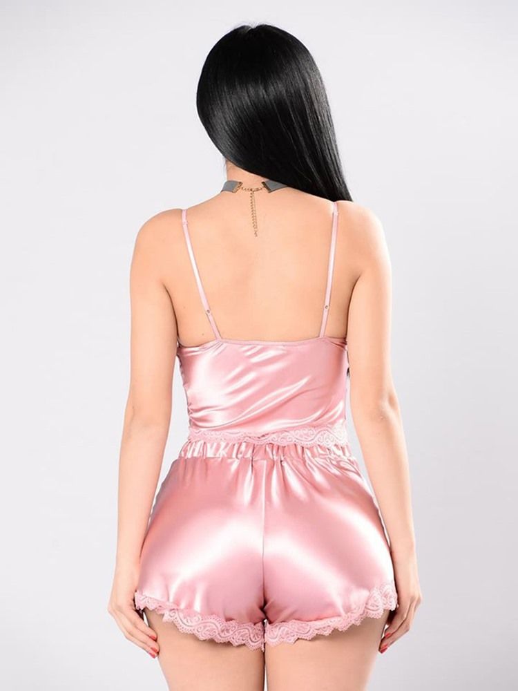 Sexiga Enfärgade Spetsiga Satin Pyjamas Camisole Short Sets