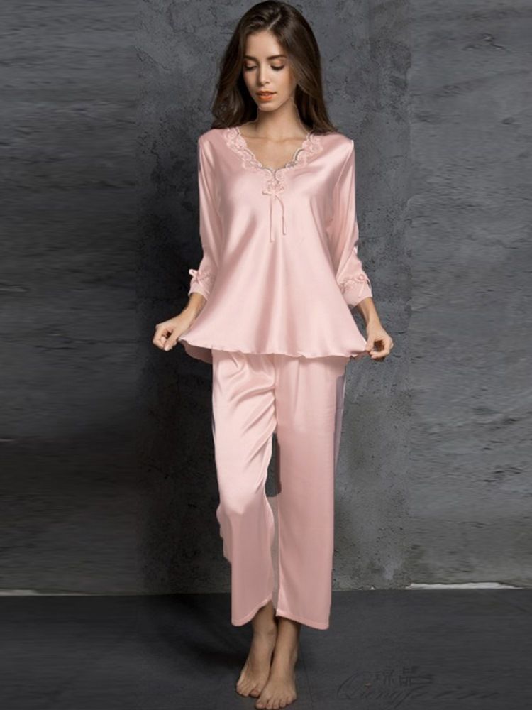 Vanlig Bowknot V-Ringad Pyjamas För Kvinnor