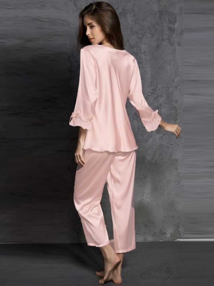Vanlig Bowknot V-Ringad Pyjamas För Kvinnor