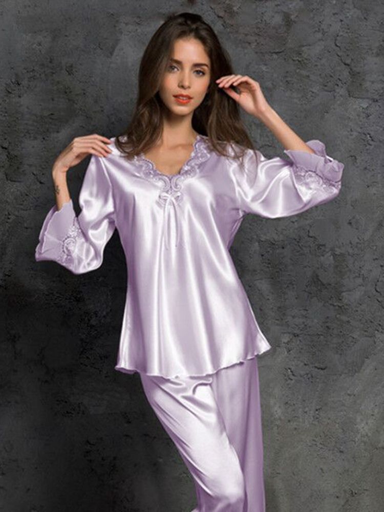 Vanlig Bowknot V-Ringad Pyjamas För Kvinnor
