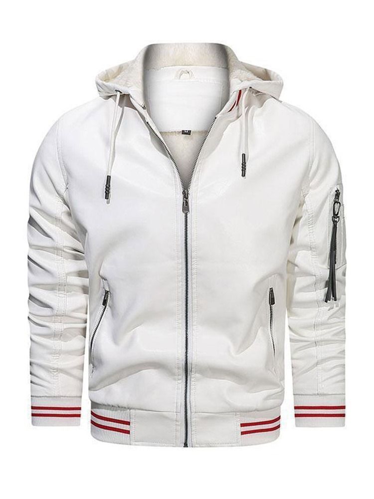Hooded Standard Color Block Winter Zipper Läderjacka