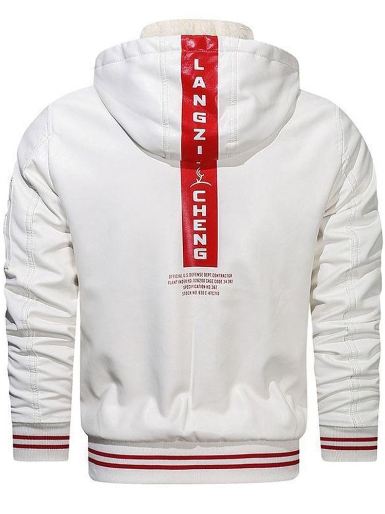 Hooded Standard Color Block Winter Zipper Läderjacka