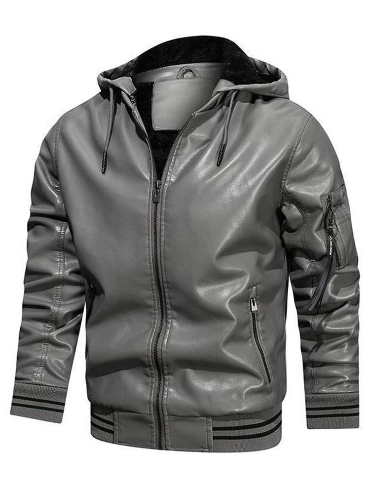 Hooded Standard Color Block Winter Zipper Läderjacka