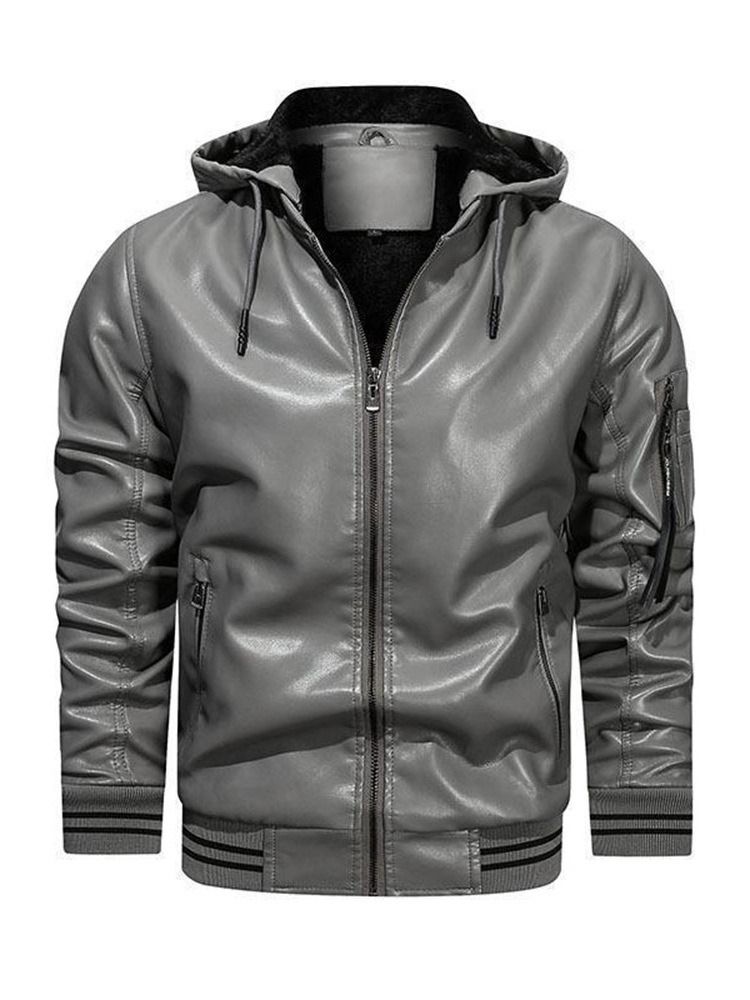 Hooded Standard Color Block Winter Zipper Läderjacka