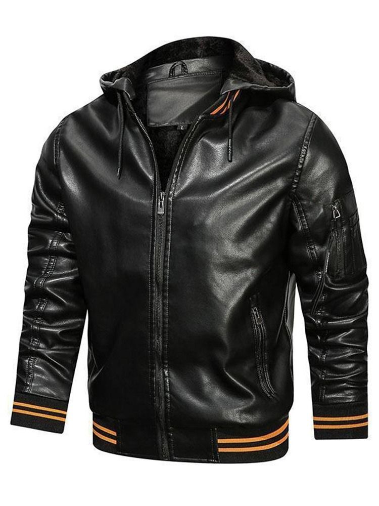 Hooded Standard Color Block Winter Zipper Läderjacka