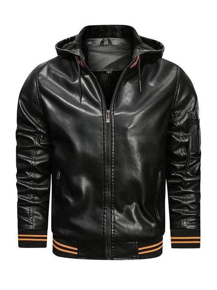 Hooded Standard Color Block Winter Zipper Läderjacka