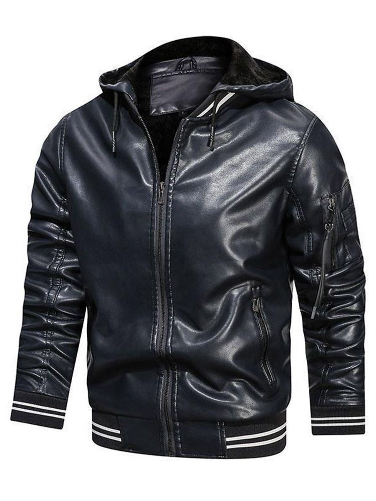 Hooded Standard Color Block Winter Zipper Läderjacka