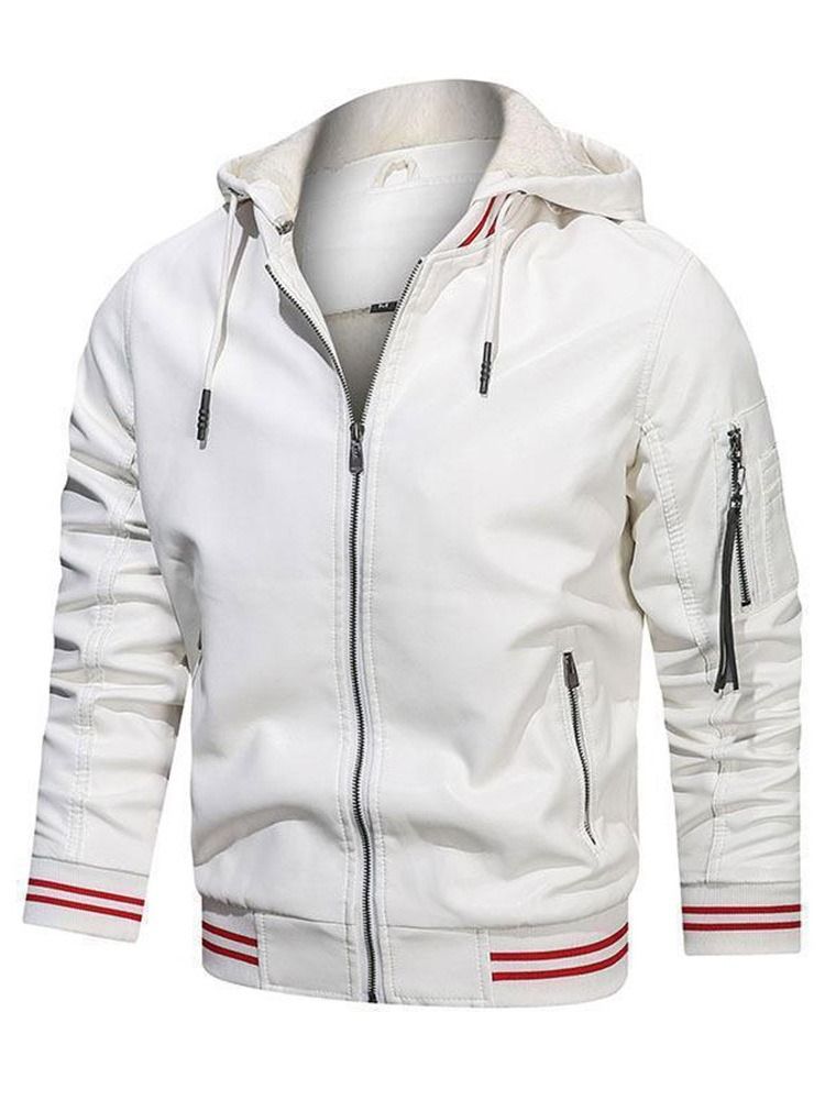 Hooded Standard Color Block Winter Zipper Läderjacka