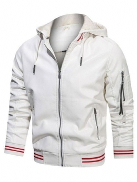 Hooded Standard Color Block Winter Zipper Läderjacka