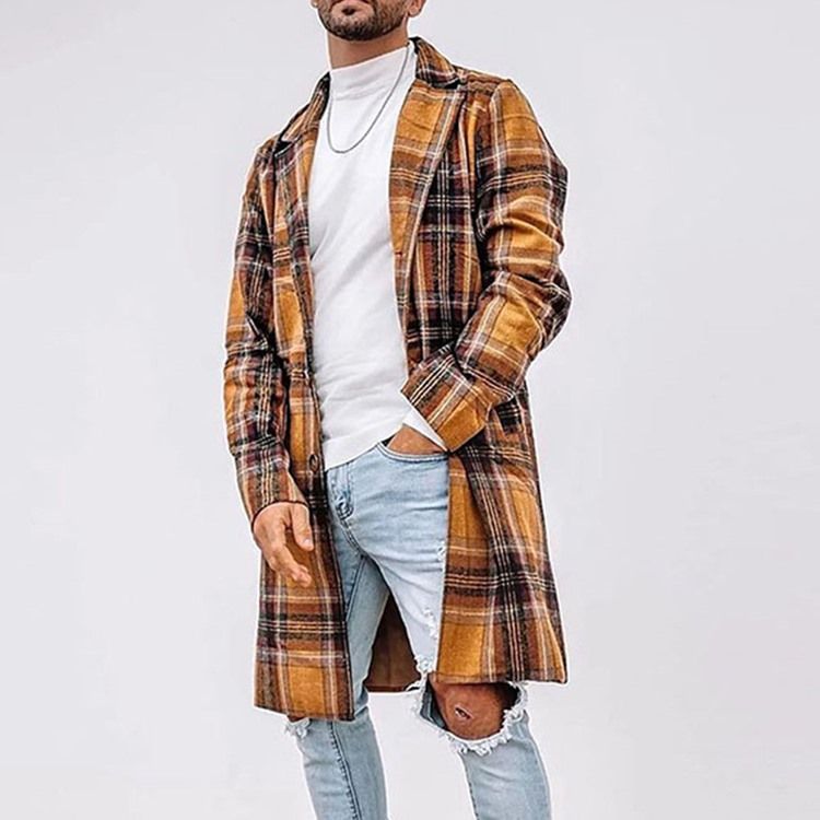 Lapel Mellanlång Pläd Rak Enkelknäppt Kappa