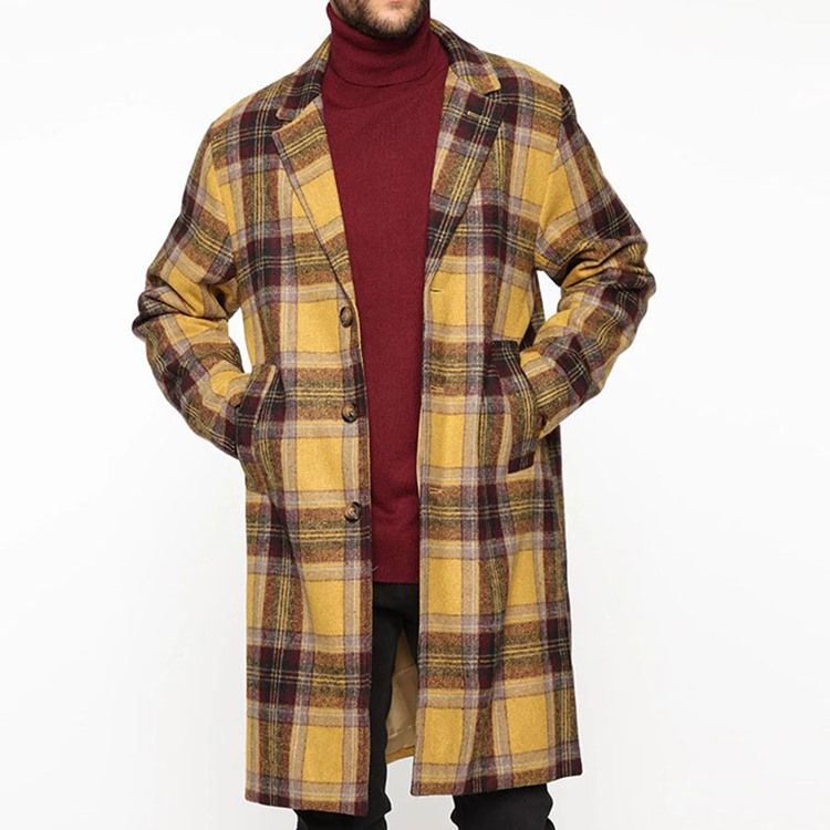 Lapel Mellanlång Pläd Rak Enkelknäppt Kappa