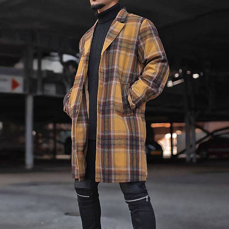 Lapel Mellanlång Pläd Rak Enkelknäppt Kappa