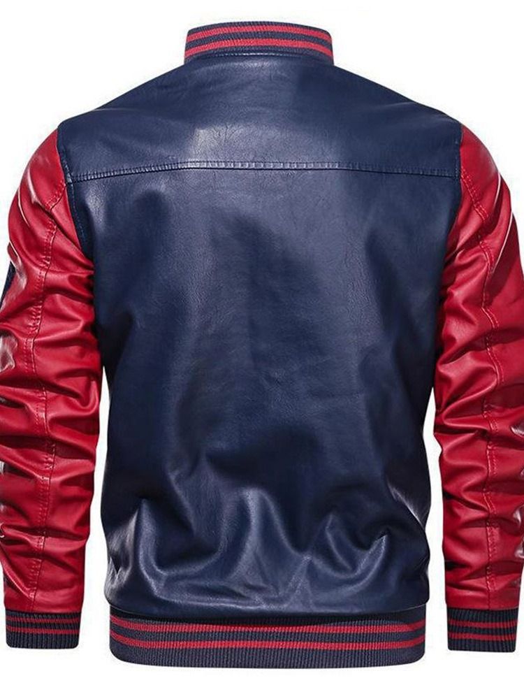 Standard Color Block Stand Collar Slim Zipper Läderjacka
