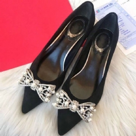 Bowknot Beads Slip-On Spetsig Tå Chunky Heel Dam Pumps
