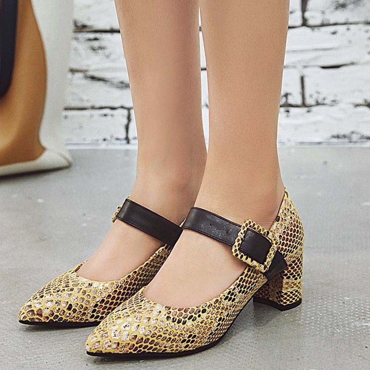 Color Block Spänne Chunky Heel Spänne Dam Pumps
