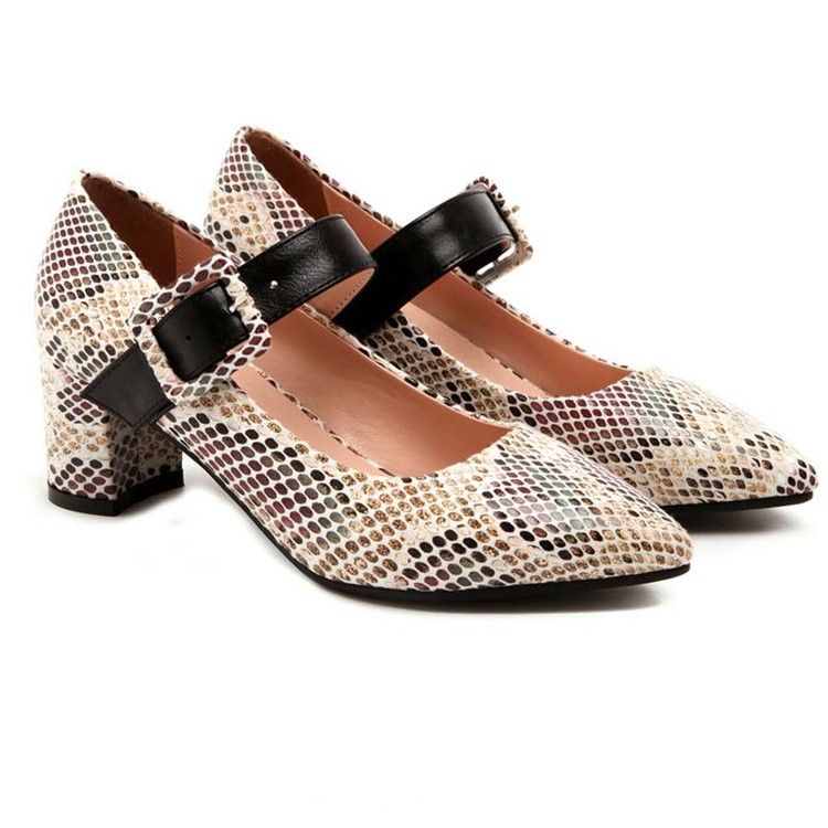 Color Block Spänne Chunky Heel Spänne Dam Pumps