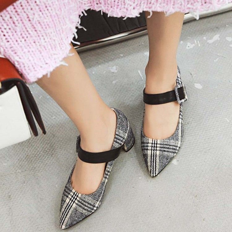 Color Block Spänne Chunky Heel Spänne Dam Pumps