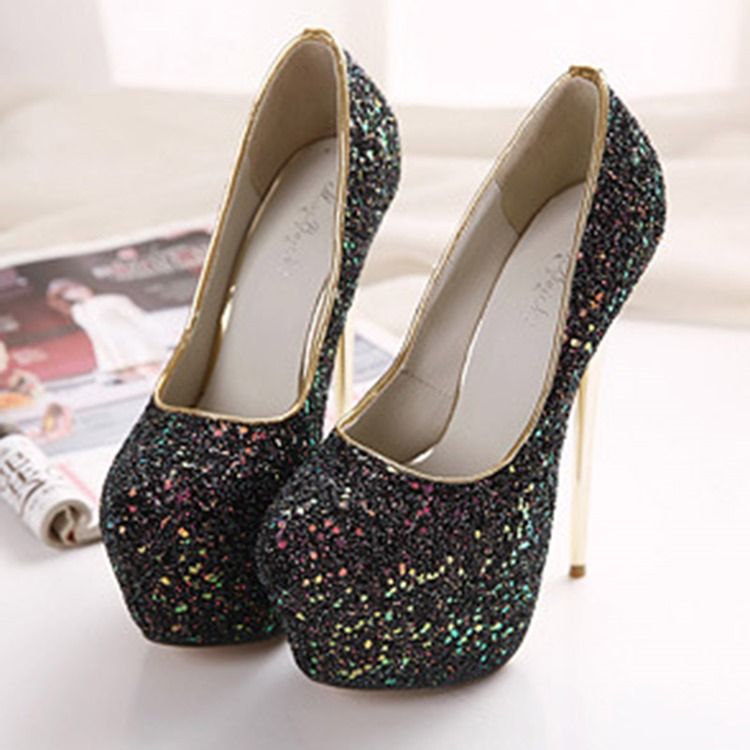 Paljett Rund Toe Slip-On Platform Dam Pumps