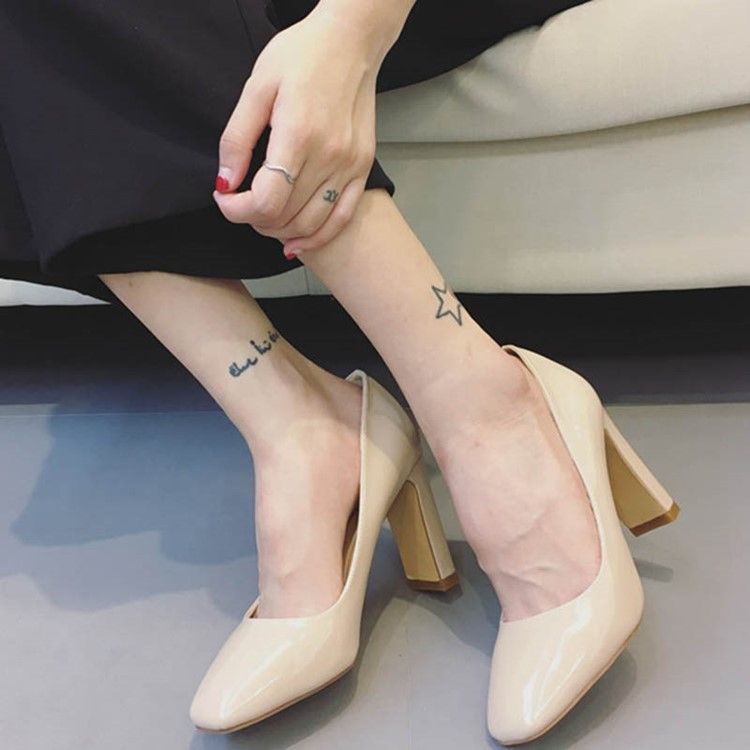 Pu Slip-On Square Toe Chunky Heel Dam Pumps
