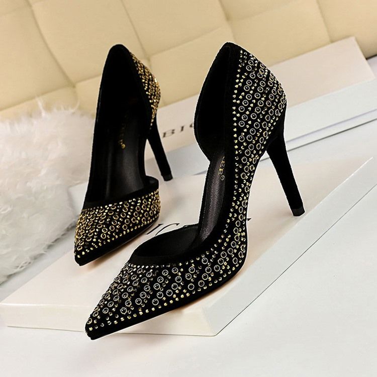 Rhinestone Faux Mocka Stiletto Heel Spetsad Tå Dam Pumps
