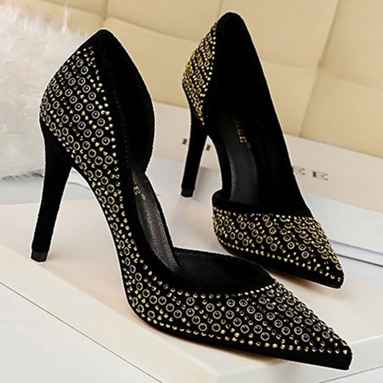 Rhinestone Faux Mocka Stiletto Heel Spetsad Tå Dam Pumps