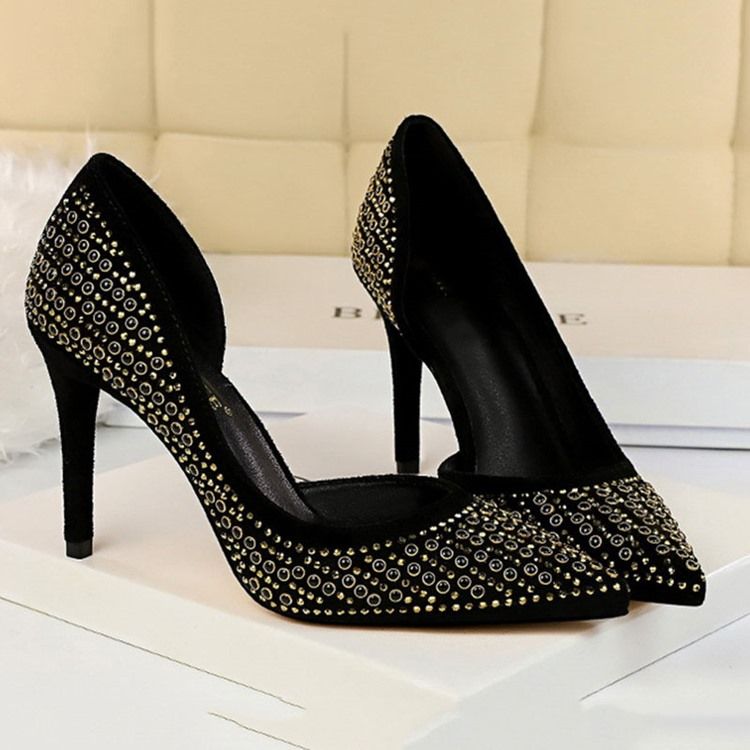 Rhinestone Faux Mocka Stiletto Heel Spetsad Tå Dam Pumps
