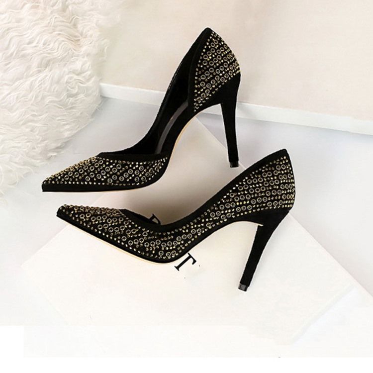 Rhinestone Faux Mocka Stiletto Heel Spetsad Tå Dam Pumps