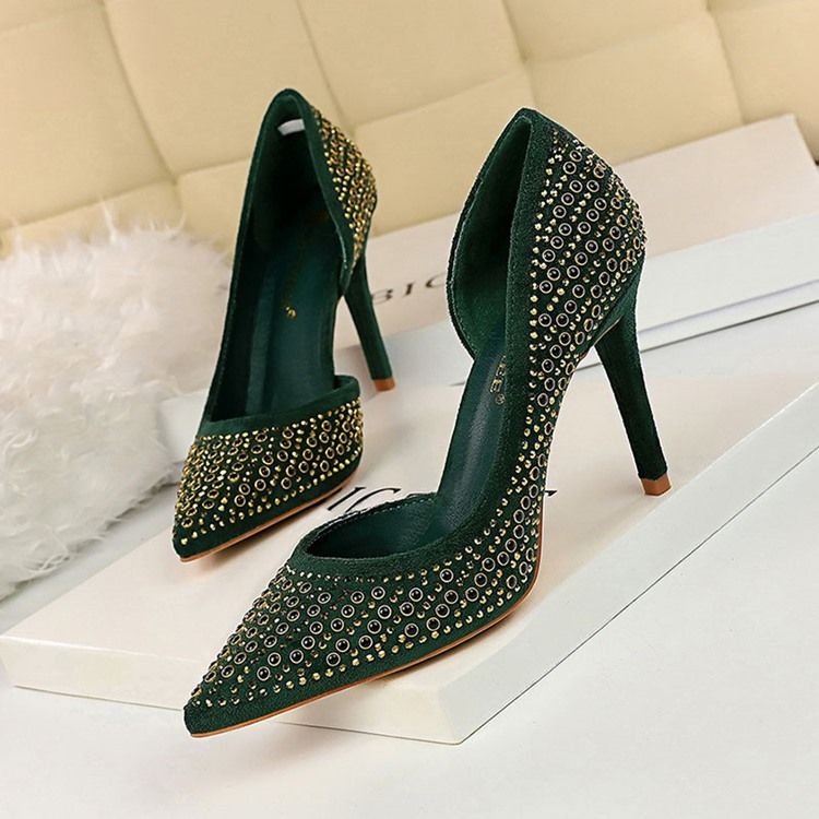 Rhinestone Faux Mocka Stiletto Heel Spetsad Tå Dam Pumps