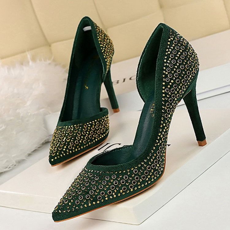 Rhinestone Faux Mocka Stiletto Heel Spetsad Tå Dam Pumps