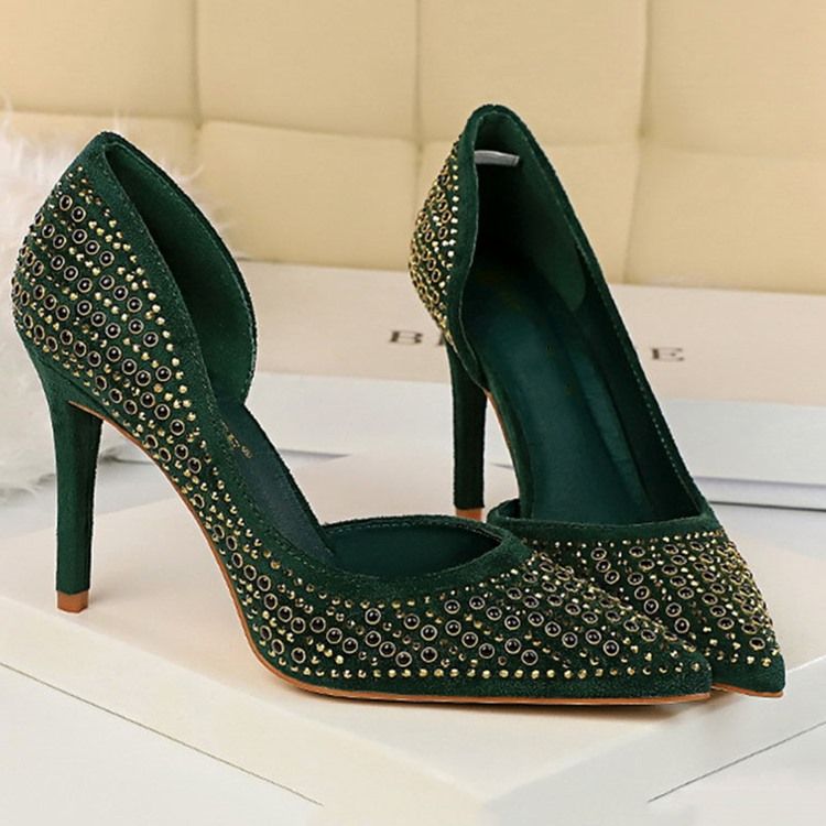 Rhinestone Faux Mocka Stiletto Heel Spetsad Tå Dam Pumps