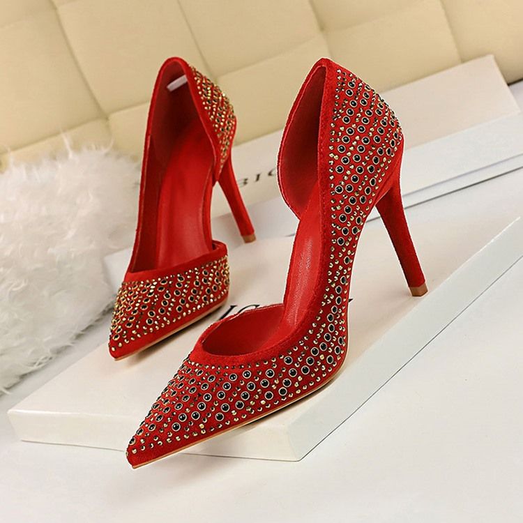 Rhinestone Faux Mocka Stiletto Heel Spetsad Tå Dam Pumps
