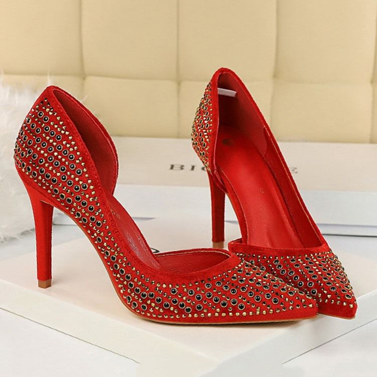 Rhinestone Faux Mocka Stiletto Heel Spetsad Tå Dam Pumps