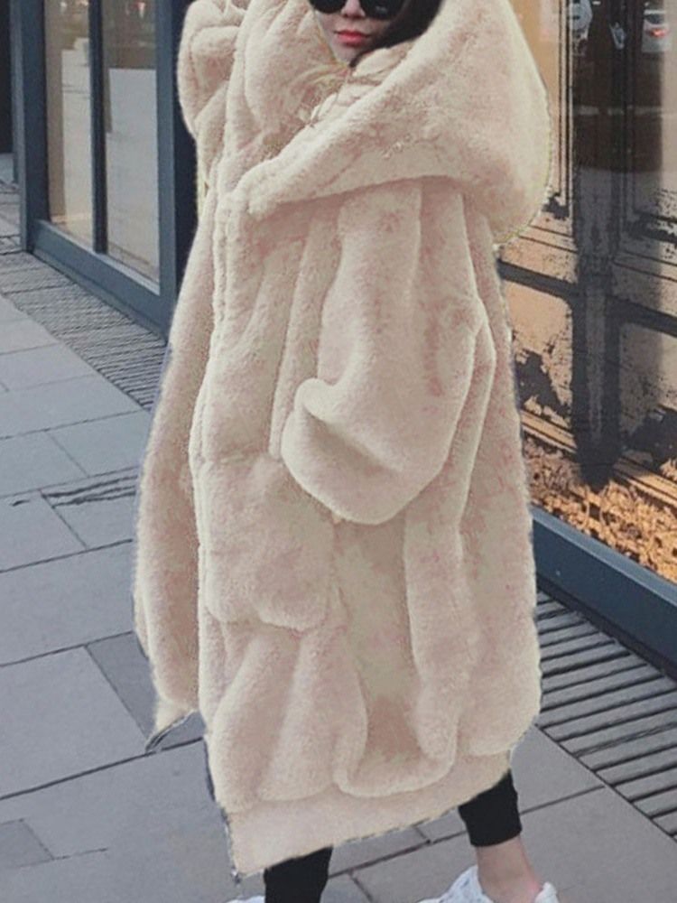 Huva Vanlig Vanlig Lös Tjock Fuskpäls Överrock