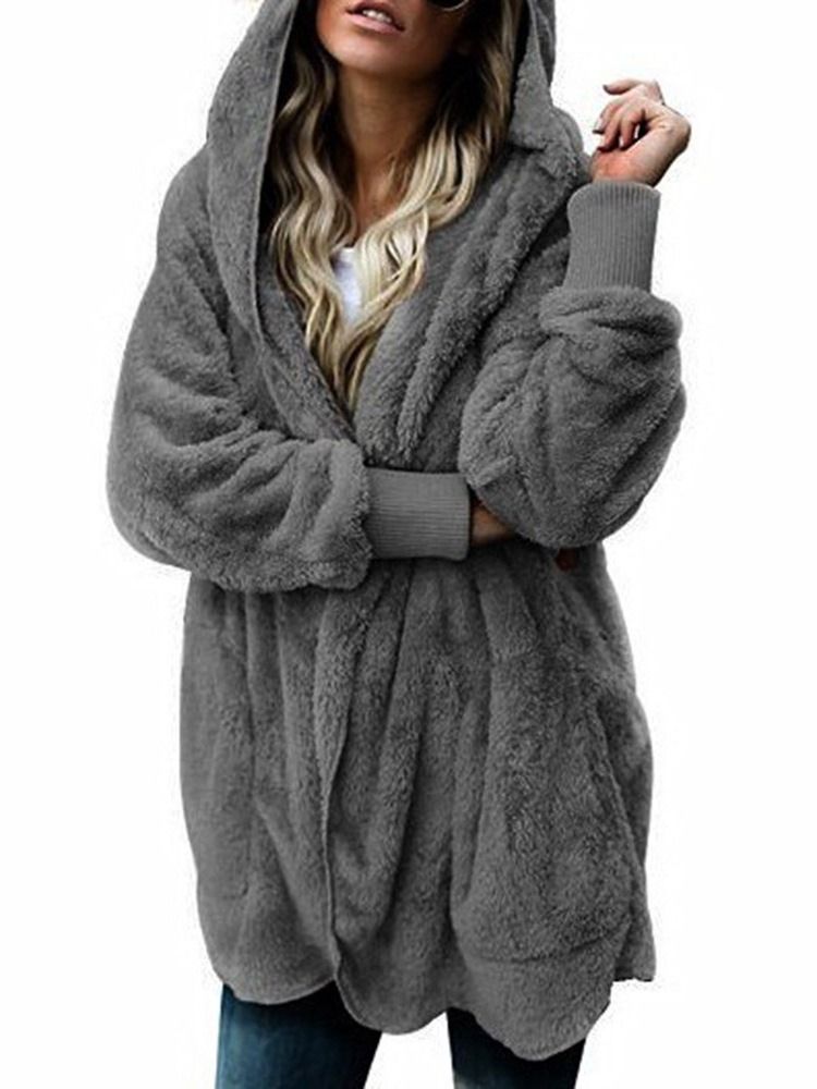 Huva Vanlig Mellanlång Vinter Slim Faux Fur Overcoat
