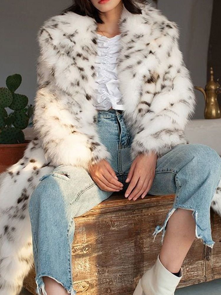 Lapel Leopard Lång Vinter Tjock Fuskpäls Överrock