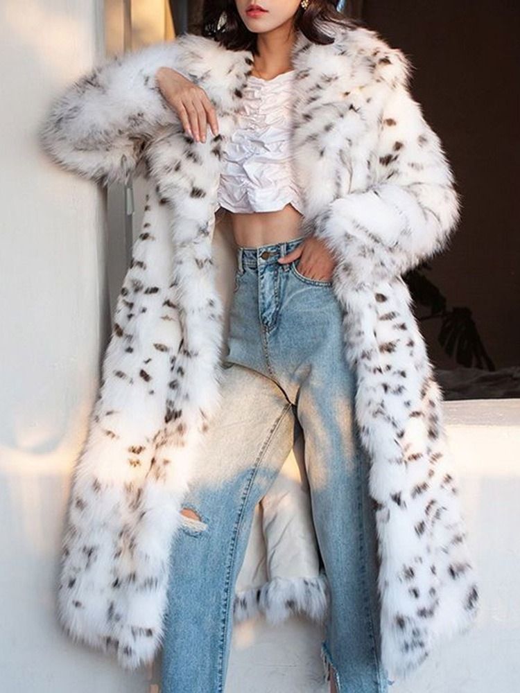 Lapel Leopard Lång Vinter Tjock Fuskpäls Överrock