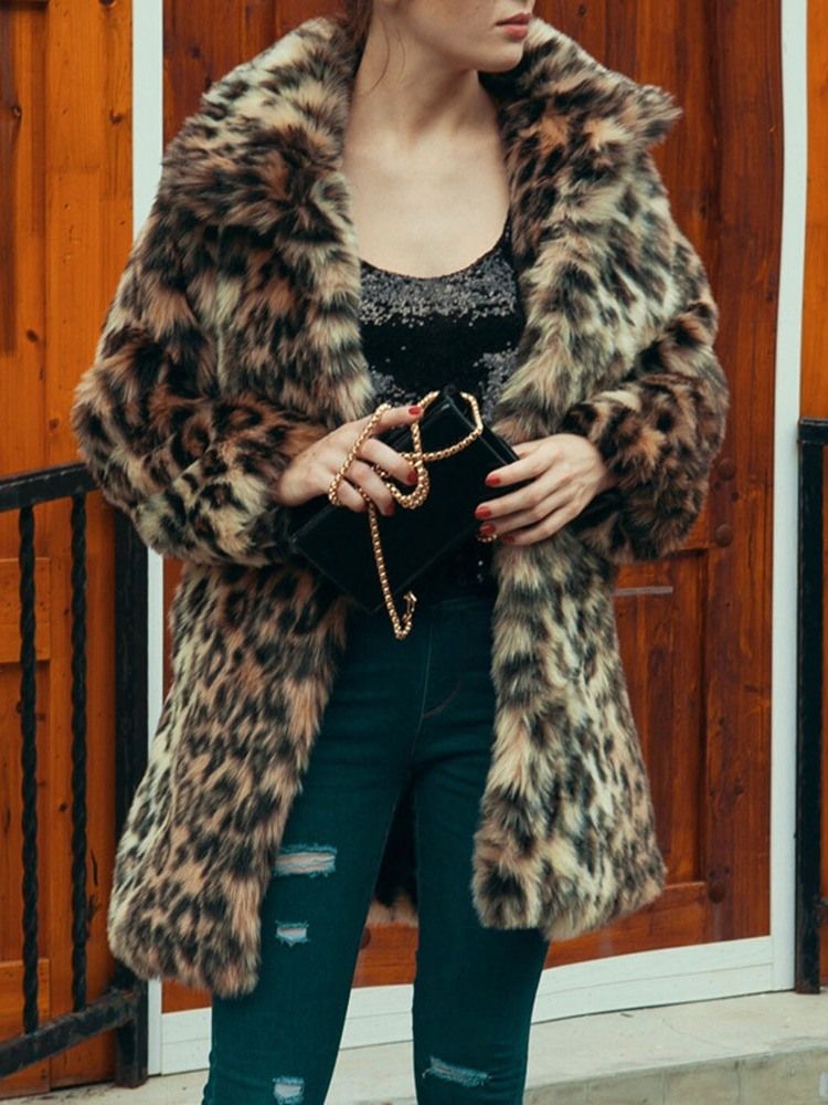 Lapel Medellånga Leopard Vinter Lös Dam Faux Fur Overcoat