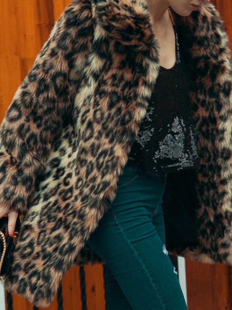 Lapel Medellånga Leopard Vinter Lös Dam Faux Fur Overcoat